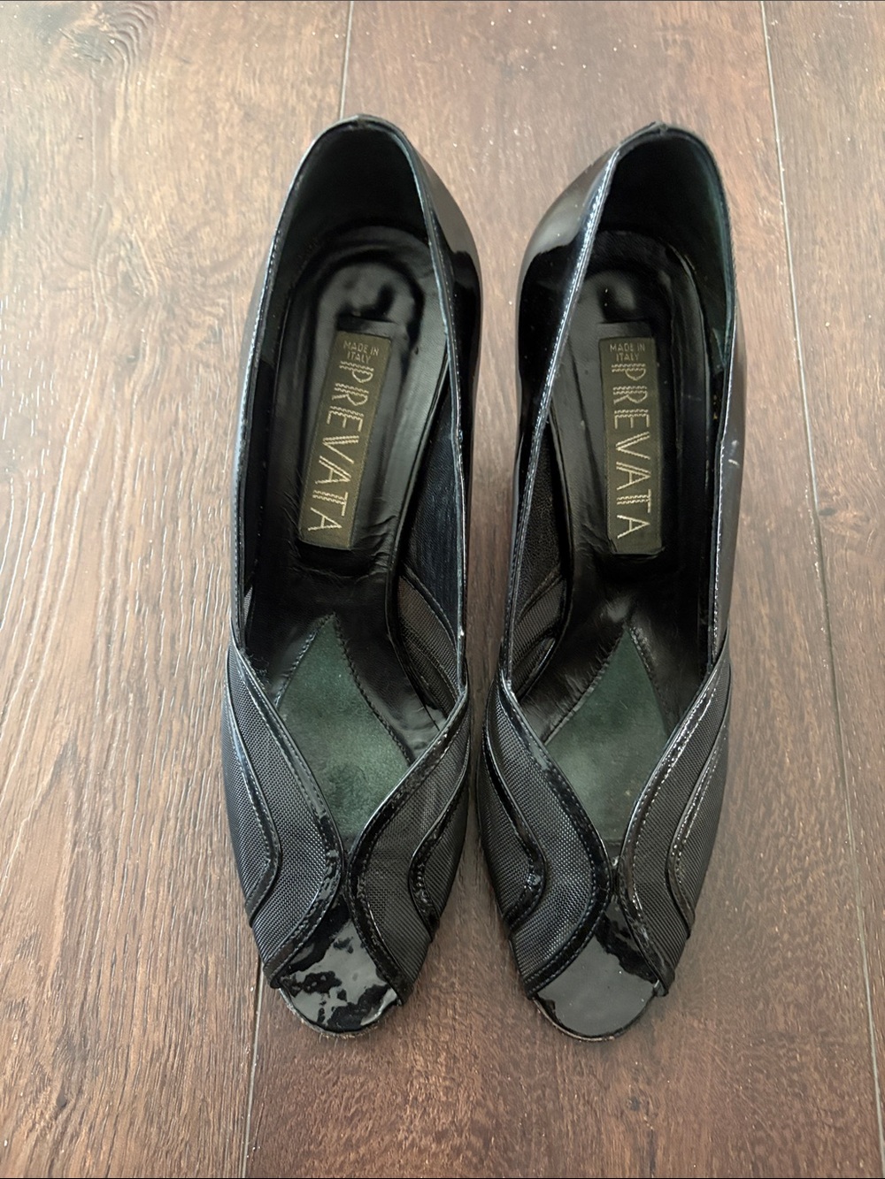Prevata Black Patent & Fabric Peep-Toe Pumps